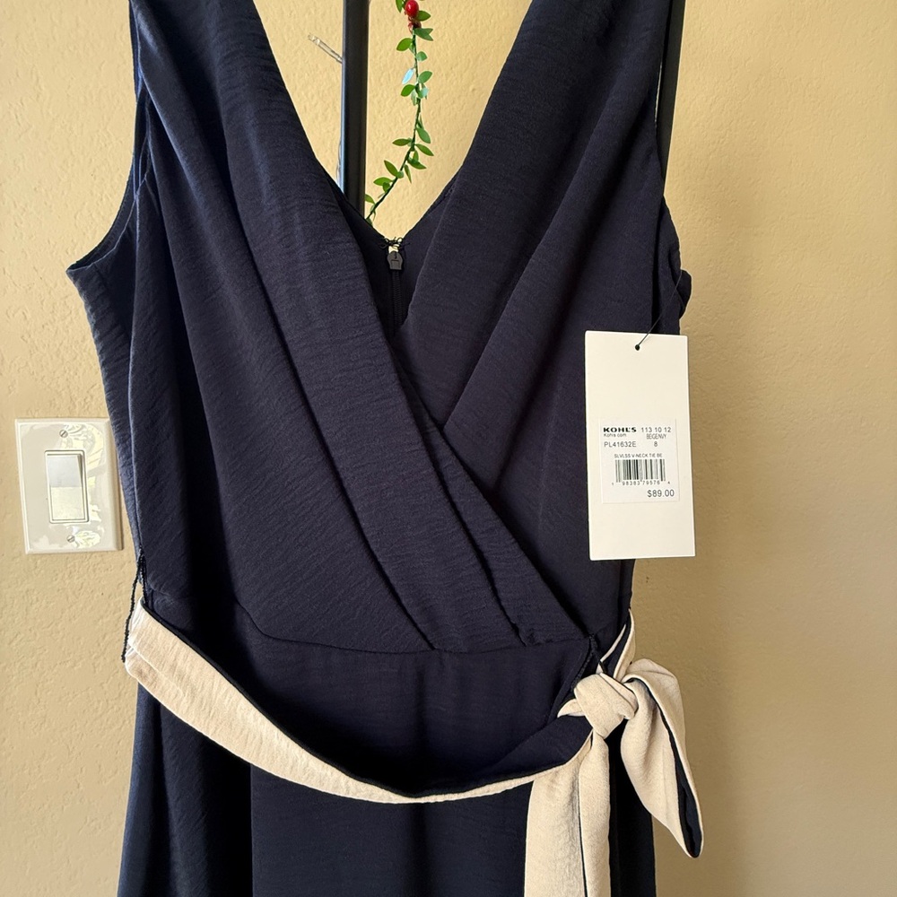 Navy Sleeveless Dress with Cream Belt - Picture 2 of 5